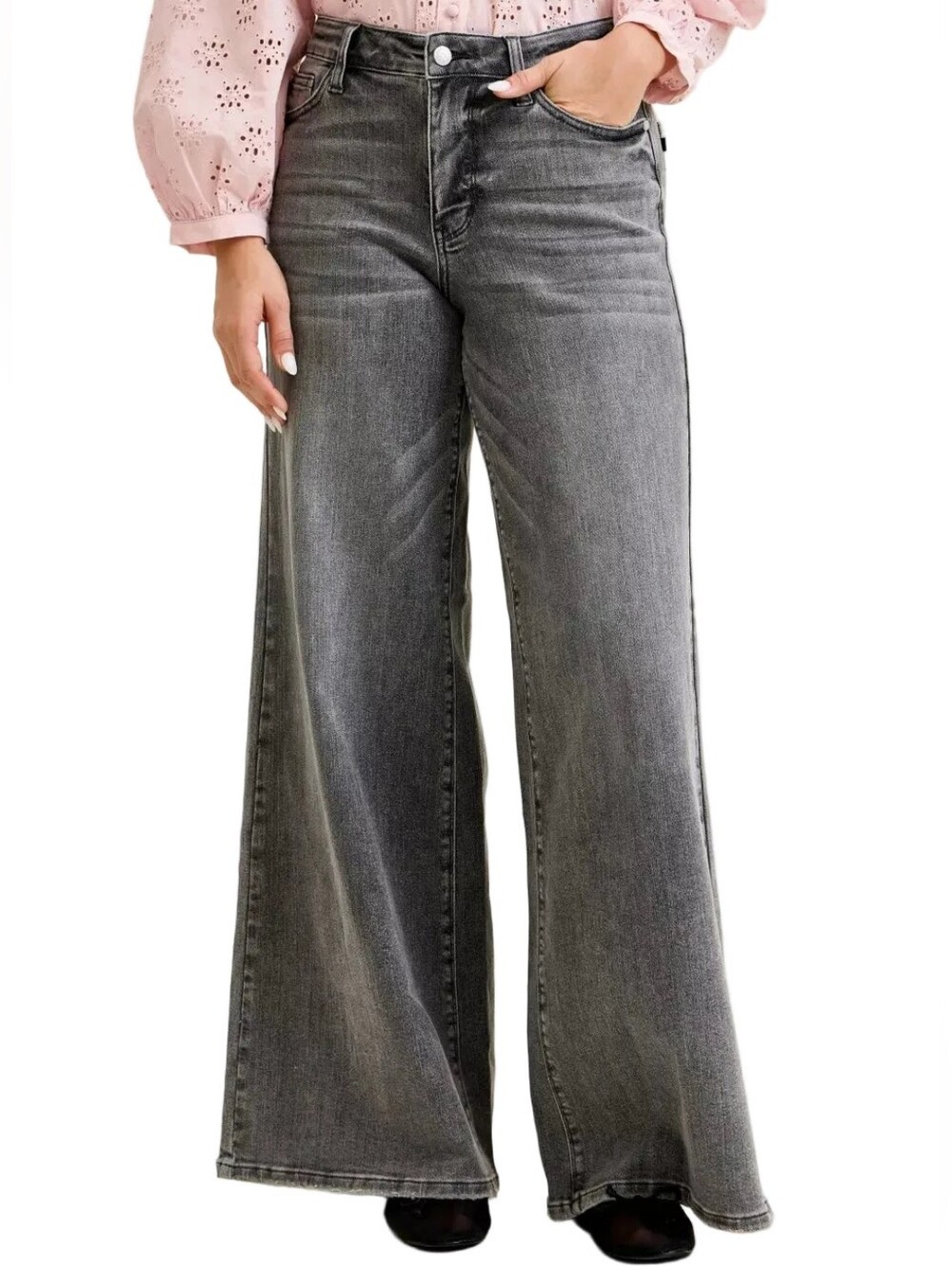 Judy Blue Mid-Rise Waist Palazzo Ultra Wide Leg Split Yoke Denim Jeans Pants - Picture 9 of 15